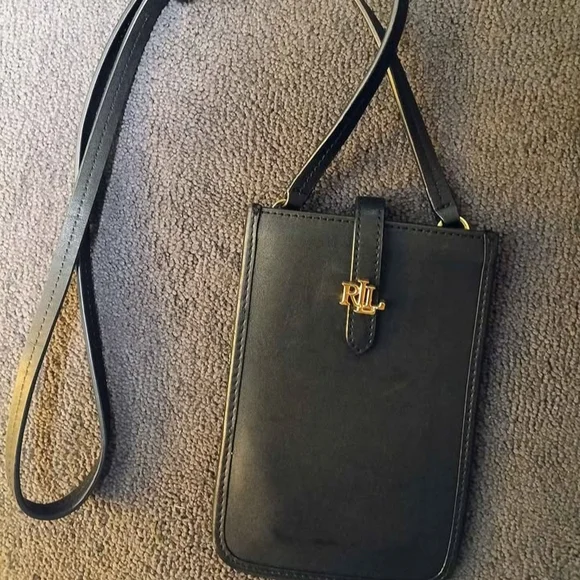 Lauren Ralph Lauren Black Leather Phone Crossbody with Gold Logo - Picture 6 of 7